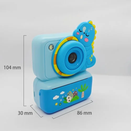 Dimension chart of the Qisora Y350 Dinosaur kids instant print camera showing its size: 86 mm length, 30 mm width, 104 mm height.