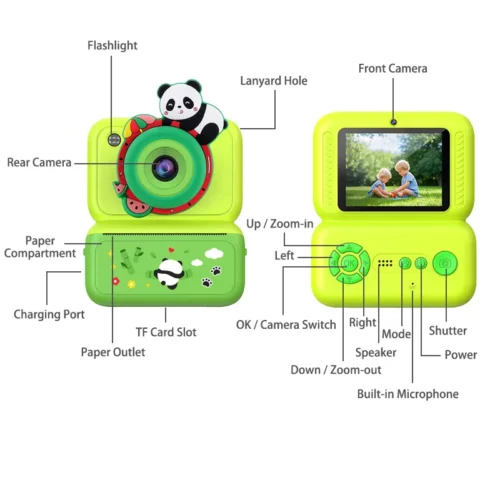 Qisora Y350 Panda kids instant print camera diagram showing the product structure, including power button, navigation buttons, dual lens, printer paper slot, charging port, and TF card slot.