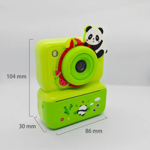 Dimension chart of the Qisora Y350 Panda kids instant print camera showing its size: 86 mm length, 30 mm width, 104 mm height.