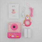 Complete set of pink Y350 Unicorn instant camera for kids, includes 2 rolls of thermal paper, lanyard and charging cable, CE /RoHS certified.