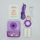Complete set of purple Unicorn instant camera for kids, includes 2 rolls of thermal paper, lanyard and charging cable, OEM/ODM ready.