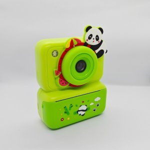 CE/RoHS certified Panda-themed Y350 kids instant print camera in green, featuring a detachable panda silicone cover for wholesale gifts.
