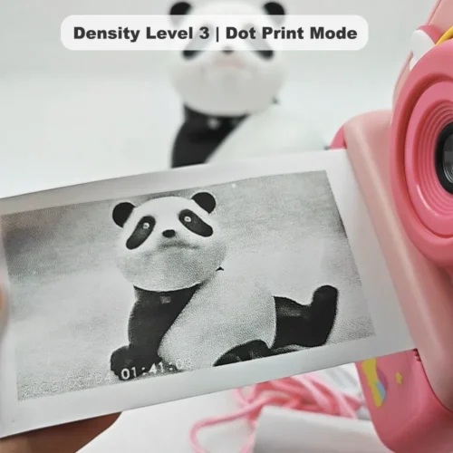 Real black-and-white thermal paper print sample of Y350 unicorn kids instant print camera, showing high-contrast output in dot print mode at density level 3.
