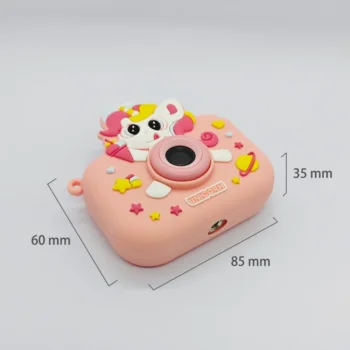 Dimension chart of the Qisora Y6 Ice Cream Unicorn kids camera showing its size: 85 mm length, 35 mm width, 60 mm height.