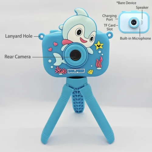 Qisora Y6 Dolphin kids camera with stand diagram back showing the product structure, including rear camera, microphone, speaker, charging port, and TF card slot.