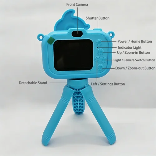 Qisora Y6 Dolphin kids camera with stand diagram front showing the product structure, including front camera, navigation buttons, and detachable stand.