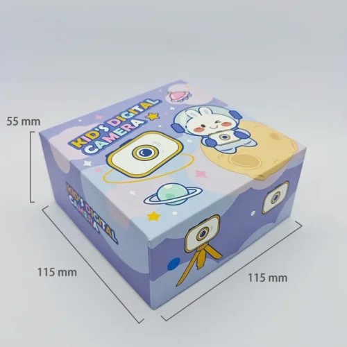 Dimension chart of the packaging box for Qisora Y6 kids digital camera with stand showing its size: 115 mm length, 55 mm thickness, 115 mm height.