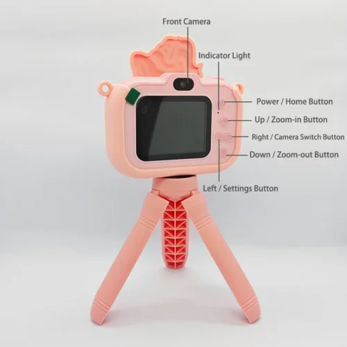 Qisora Y6 Dolphin kids camera with stand diagram front showing the product structure, including front camera, navigation buttons, and indicator lights.