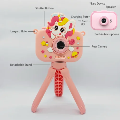 Qisora Y6 Ice cream unicorn kids camera with stand diagram rear showing the product structure, including rear camera, microphone, speaker, charging port, detachable stand and TF card slot.
