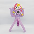 Y6 dual lens kids selfie camera with cute purple ice cream unicorn protective cover and stable tripod mount for B2B toys distributors.