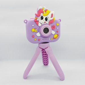 Y6 dual lens kids selfie camera with cute purple ice cream unicorn protective cover and stable tripod mount for B2B toys distributors.