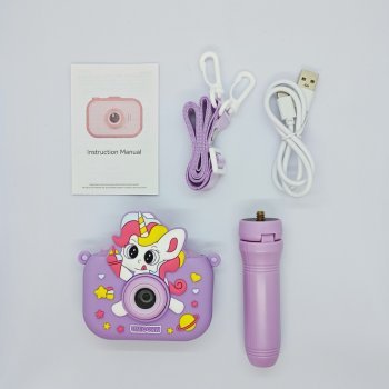 Wholesale complete set of Y6 kids camera with 3D purple ice cream unicorn silicone case, matching tripod, lose-prevent lanyard, USB cable and manual.