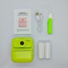 Complete kit of green Y900 kids print camera, includes 2 rolls of thermal paper, lanyard and cable. RoHS/FCC certified toys for distributors.