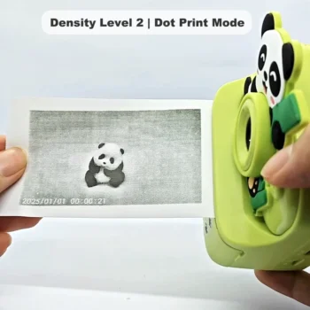 Real black-and-white thermal paper print sample of Y900 panda kids instant print camera, showing high-contrast output in dot print mode at density level 2.