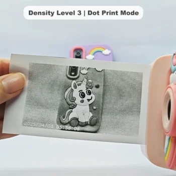 Real black-and-white thermal paper print sample of Y900 rabbit kids instant print camera, showing high-contrast output in dot print mode at density level 3.