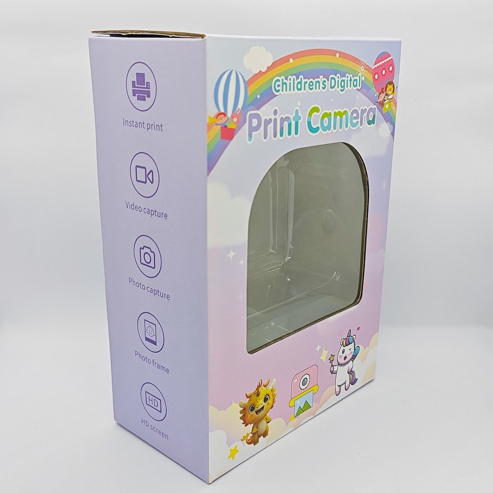 Details of the packaging box of kids printing camera.