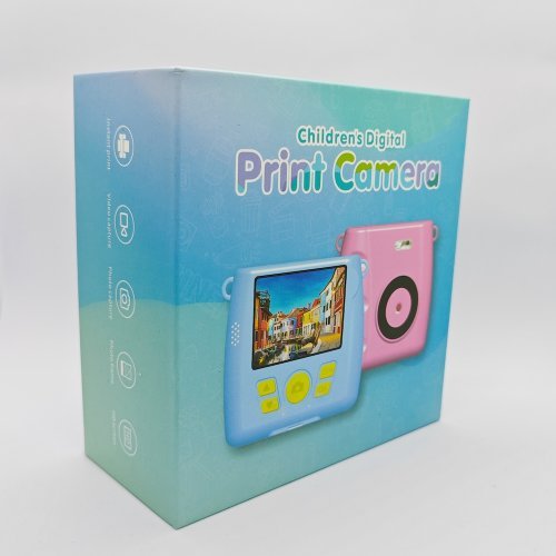 Sample of customized packaging for kids camera with logo printing.