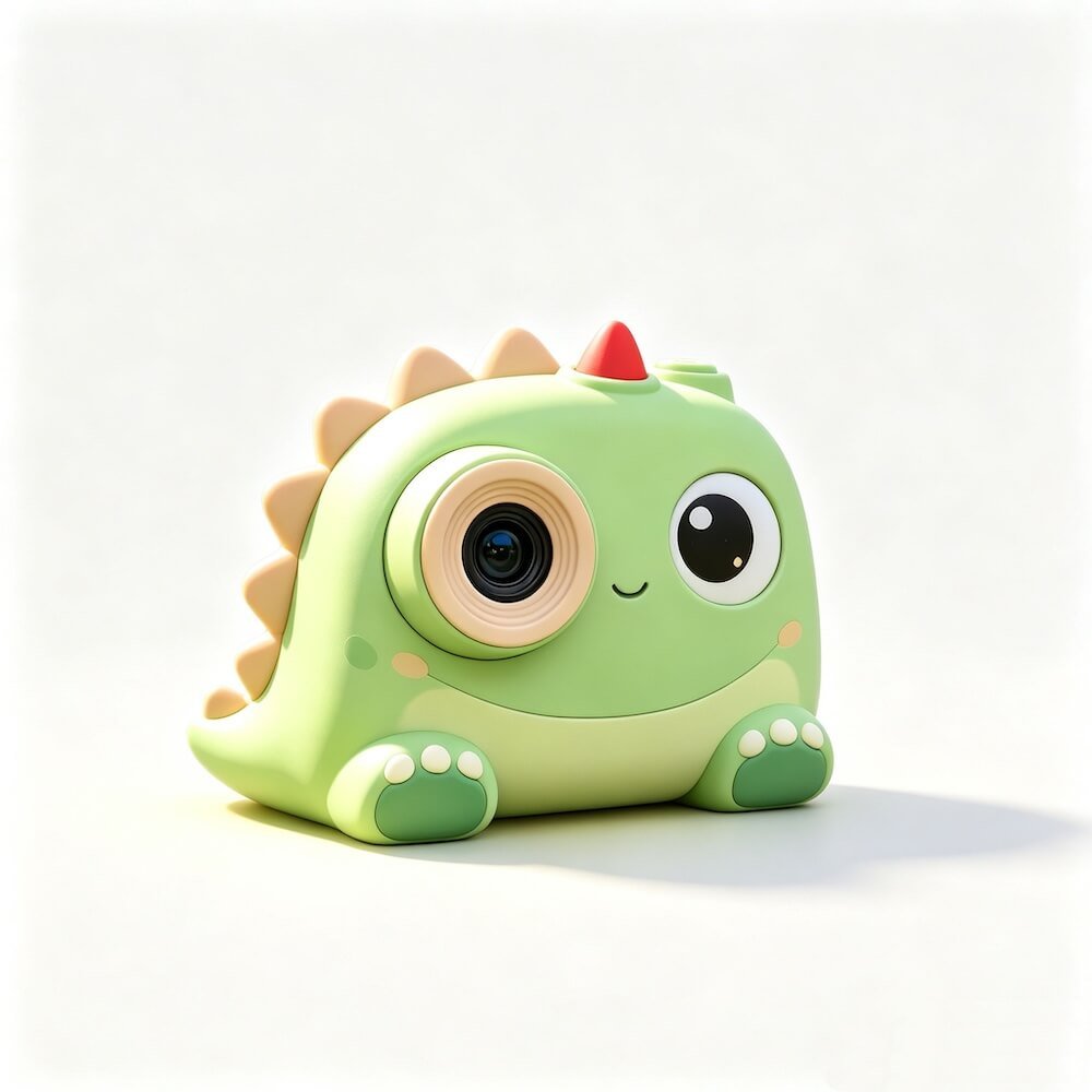 Example of personalized design with green dino. Qisora custom kids camera factory provides full OEM/ODM services for global brands.