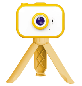 Front view of Qisora Y6 kids digital camera with yellow tripod stand.
