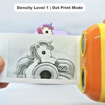 Real black-and-white thermal paper print sample of Y800 wink kids instant print camera, showing high-contrast output in dot print mode at density level 1.