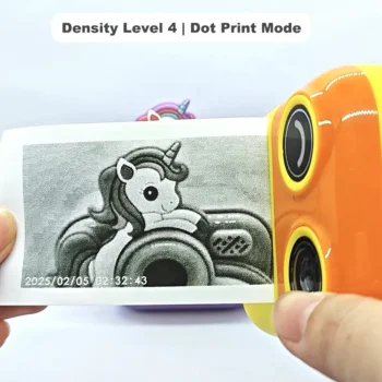 Real black-and-white thermal paper print sample of Y800 wink kids instant print camera, showing high-contrast output in dot print mode at density level 4.