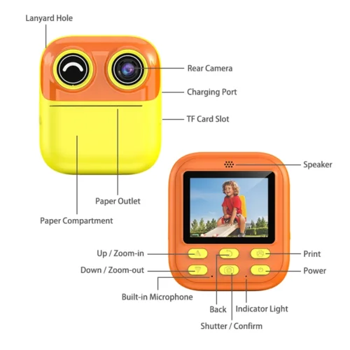 Qisora Y800 Wink kids instant print camera diagram showing the product structure, including power button, navigation buttons, paper outlet, paper compartment, speaker, charging port, and TF card slot.