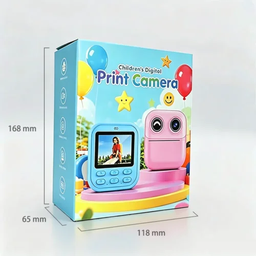 Dimension chart of the packaging box for Qisora Y800 wink kids instant print camera showing its size: 118 mm length, 65 mm width, 168 mm height.