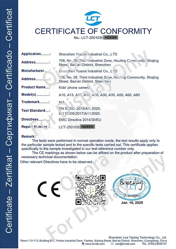 Qisora kids camera A10 A20 CE EMC Certificate CE certificate for Qisora Kids Camera Models A10 and A20.