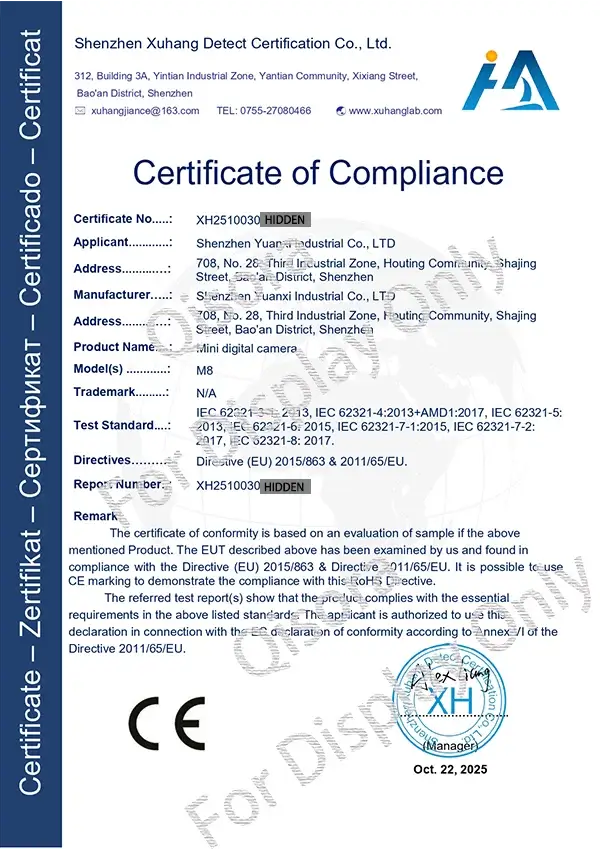Qisora kids camera M8 RoHS Certificate RoHS certificate for Qisora Kids Camera Model M8.