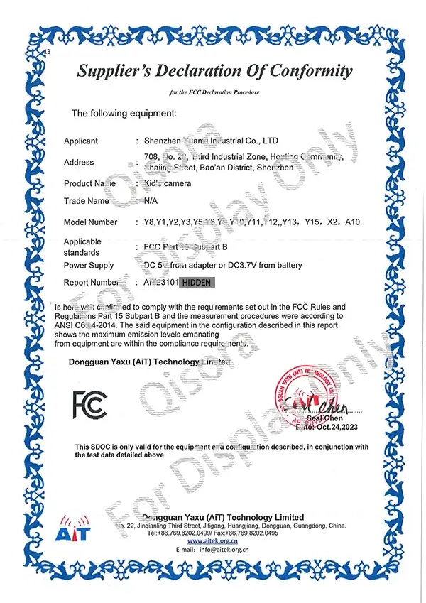 Qisora kids camera Y1 Y2 Y3 Y6 Y8 FCC Certificate FCC certificate for Qisora Kids Camera Models Y1, Y2, Y3, Y6, and Y8.