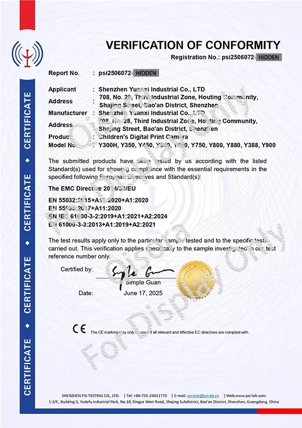 Qisora kids camera Y300H Y800 Y900 CE EMC Certificate CE certificate for Qisora Kids Camera Models Y300H, Y800, and Y900.