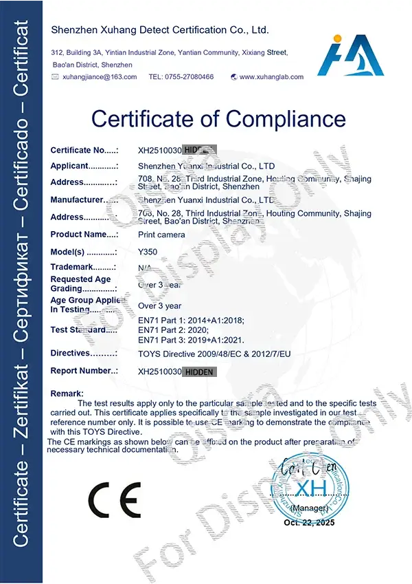 Qisora kids camera Y350 EN71 Certificate EN71 certificate for Qisora Kids Camera Model Y350.